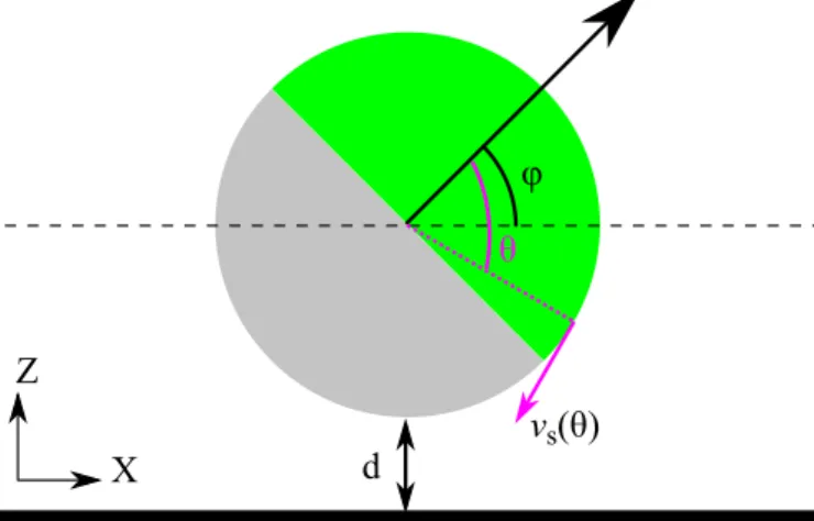 Fig. 1. Schematic of the microswimmer near a wall, defining the shortest distance d between the particle surface and the wall as well as the angle ϕ between the particle direction and the wall, used in the text