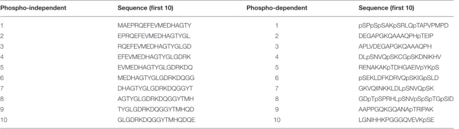 TABLE 1 | Different sets of peptides used for epitope mapping and phosphorylation-dependence studies.