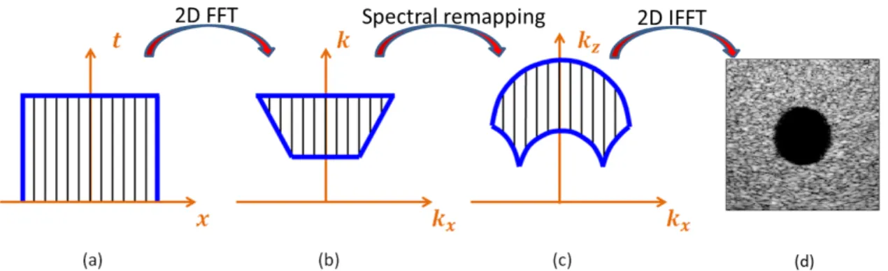 Figure 5.1: Reconstruction procedure for conventional Fourier-based method. (a) the received raw-data in (x, t) space; (b) the 2D Fourier transform of the raw-data; (c) the remapped object spectrum; (d) the reconstructed image.