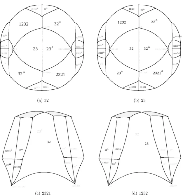 Figure 2. Combinatorics of some faces of the Ford domain. In the faces for 23 and 32, there is an extra 16-gon that lies on the boundary at infinity, not drawn in the picture