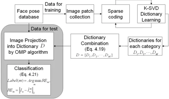 Figure 4.1: Proposed strategy - The Dictionary-Learning Sparse Representation framework for Pose Classification