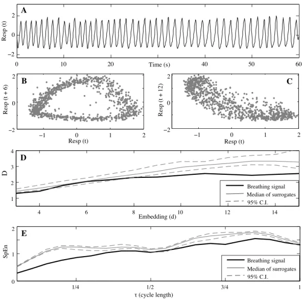 Figure 1.  Example of one-minute breathing signal (A). Return maps plotted from the original and time-delayed  data sets: 6 points (B) and 12 points (C)