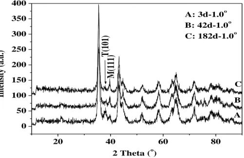 Fig. 6-4 Grazing angle XRD spectrum of oxide film surfaces of NZ2 alloy  exposed to 360 o C lithiated water for different times 