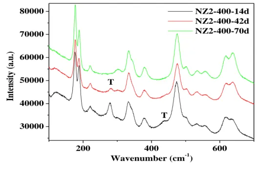 Fig. 6-10 Raman spectra of NZ2 oxide films exposed to 400 o C steam water  for 14, 42 and 70 days 