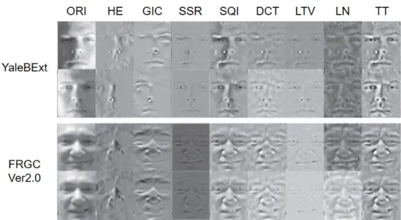 Figure 2.5: Visual comparison for face images normalized with different illumination preprocessing methods on databases with controlled and less-controlled lighting [Han et al