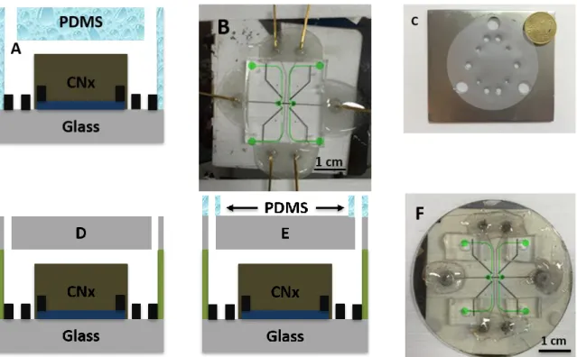 Figure 3.6: Cross-sectional descriptions and photographs of the integration of the PI-FFET and the  PDMS-based (A and B)/dry film-based (C to F) microfluidic channels