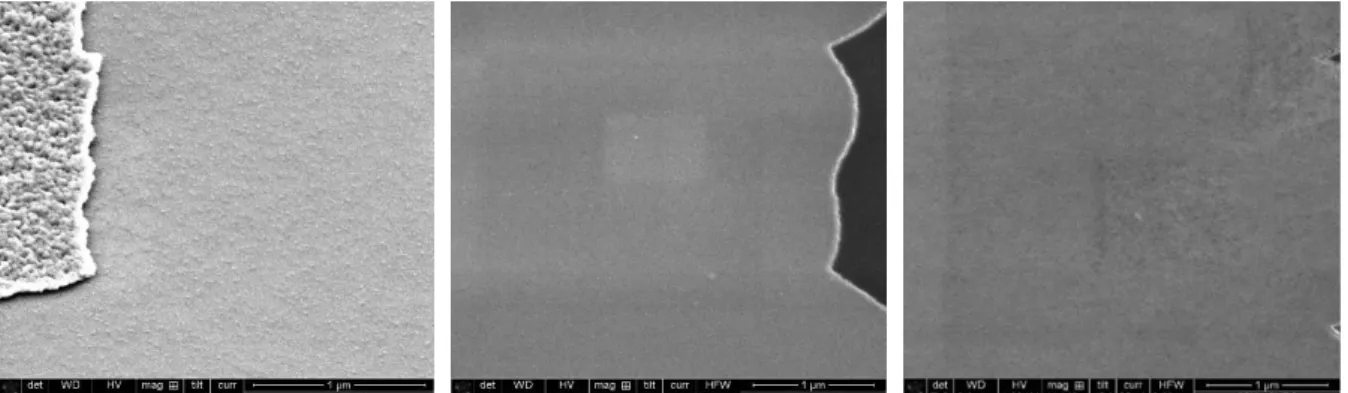 Figure 4.12: Tilted SEM micrographs of the SiC-film surfaces without any treatment (left), with  piranha etching during 30s at 80°C (middle) and with annealing during 1h at 80°C (right)
