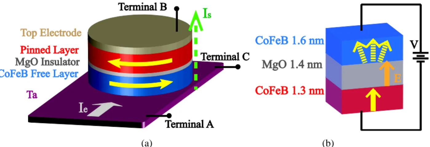 Figure 2.8 (a) Three-terminal device based on the giant spin Hall effect in β-Ta/CoFeB