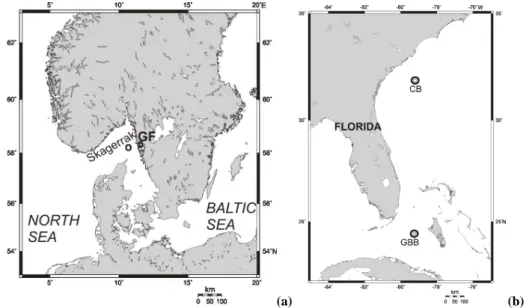 Fig. 1. Figure 1a Map showing sampling locations, indicated with crosses, in the NE Skagerrak and Gullmar Fjord (GF)