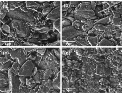 Figure 3-2 SEM images of the graphite electrodes disassembled from the Graphite/LFP full cells  (a)Reference; (b)power cycling at 25°C; (c)power cycling at 0 °C; (d) power cycling at -18°C [110] 