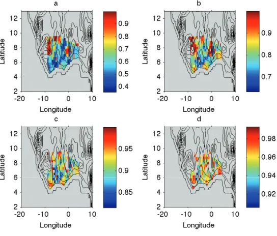 Figure 3: Percent cumulative variance for precipitation on the map explained by reconstructing the preci- preci-pitation process using (a) one term (b) two terms (c) three terms and (d) four terms in the corresponding truncated Karhunen-Loève expansion.