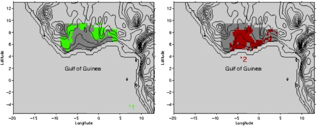 Figure 10: Spatial location for the average responses indicated by the retained coefficients for both pre- pre-dictors (points 1 and 2 on the map).