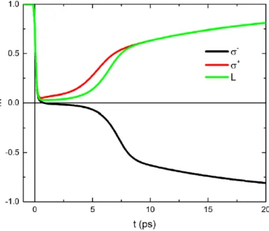 Figure 1-19 The variation of magnetization in regard to the time after the excitation of laser  pulses with σ-, σ+ and L [COR16]