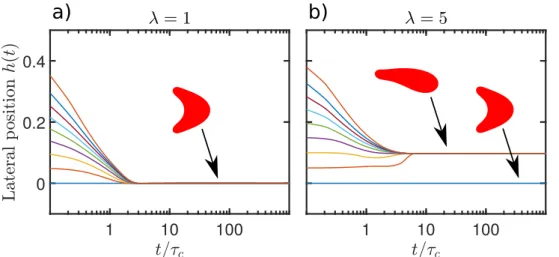 Figure 2.2: (a) Normalized lateral position versus time. Different curves h(t) corre- corre-spond to different initial positions, with λ = 1 