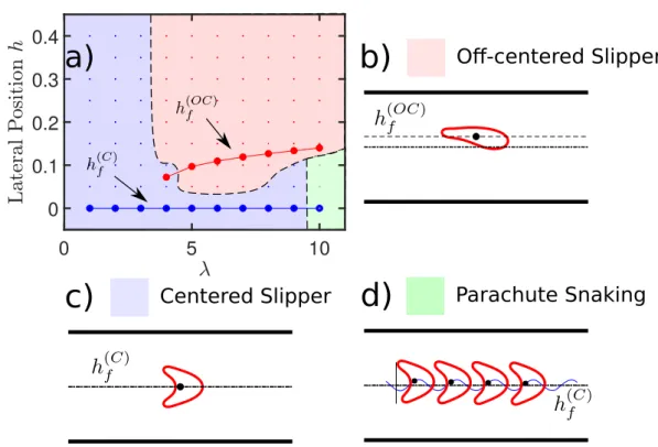 Figure 2.3: The emergence of h (OC) f and the corresponding final shapes, with confine- confine-ment C n = 2/7 : (a) The blue and red lines represent centered ( h (C) f ) and off-centered ( h (OC) f ) final position as a function of the bifurcation paramet