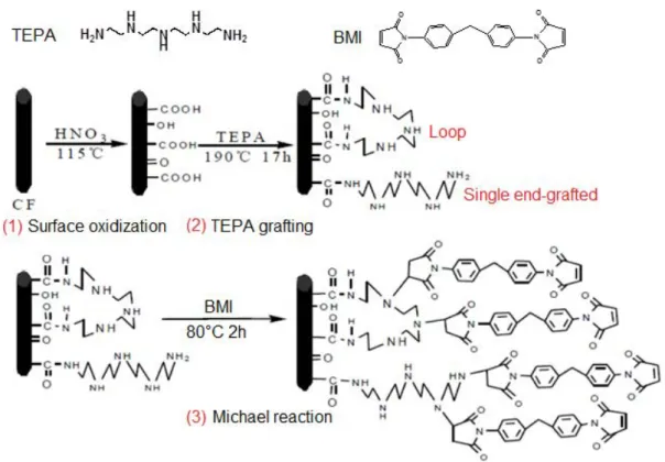 Figure II-2. Protocol for grafting maleimide groups on T700-U carbon fiber surface.