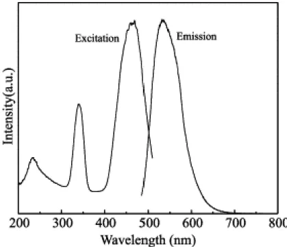 Figure 1.4 demonstrates a typical excitation and emission spectra of YAG:Ce. [29] In this particular  case, it is evident that white light can be generated by combining blue excitation at 470 nm and yellow  emission peaking at 532 nm, unfortunately, with n
