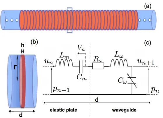 Fig. III.1. (a) Waveguide loaded with an array of clamped plates; (b) the unit-cell of the system; (c) corresponding unit-cell circuit.