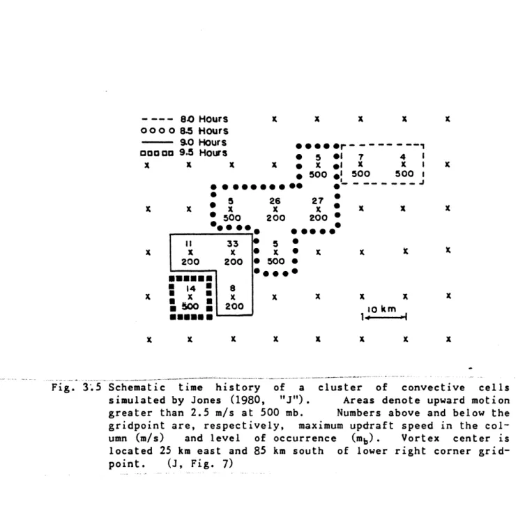 Fig.  3;5  Schematic  time  history  of  a  cluster  of  convective  cells simulated by  Jones  (1980,  "J")