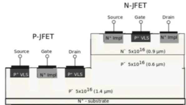 Fig. 1. Cross-sectional structure of the integrated   P and N lateral JFET 