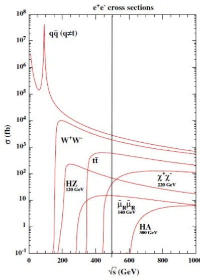 Figure 1.1: Cross sections of physics processes as a function of the collision energy