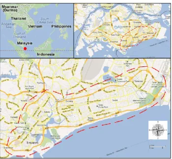 Figure  1:  The  traffic  network  studied  in  this  paper,  containing  6024 links. (Top left)  Location of Singapore (red dot); (Top right)  Traffic  network  in  Singapore;  the  subnetwork  studied  here  is  marked  by  the  red  dotted  line