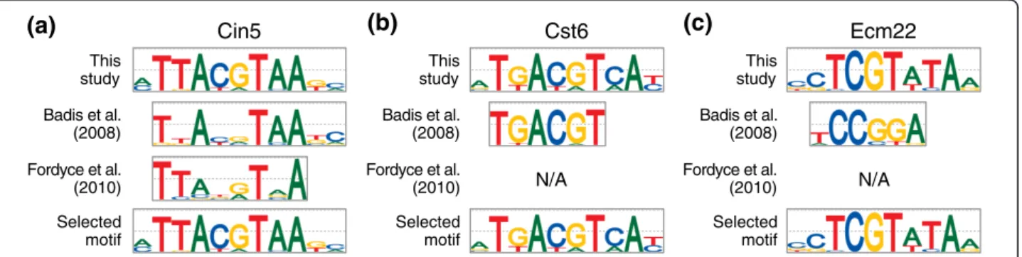 Figure 1 Selecting DNA binding site motifs for our curated collection. (a) The in vitro motifs for TF Cin5 are very similar, but not equally enriched in the ChIP-chip data (see main text)