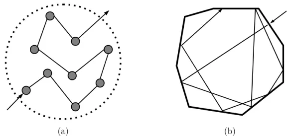 Figure 2.2 – Représentation schématique des deux causes de l’effet de diffusion multiple : (a) diffraction multiple des diffuseurs distribués de façon aléatoire, (b) réflexion multiple des bords du milieu de propagation.