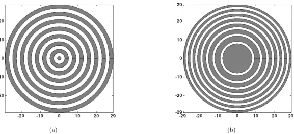 Figure 2.9. Schematic profile of annular array designing where all the elements (in grey) have the same: (a) width (Type I) and (b) area (Type II).