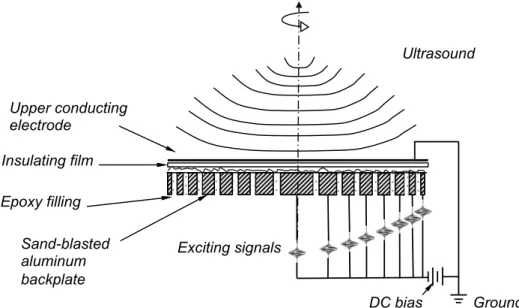 Figure 2.15. Schematic of the multi-element air-coupled capacitive annular array (Type II) and its focus feature (axial symmetrical).
