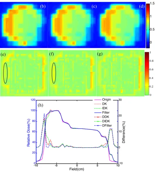 Figure 6. Dose distribution for a real IMRT field: (a) from the nominal static fluence map; (b)-(d) from  the convolved-back fluence maps in figure 6(e)-(g) respectively; (e)-(g)  the gamma analysis for the  corresponding difference between figure 6 (a) an