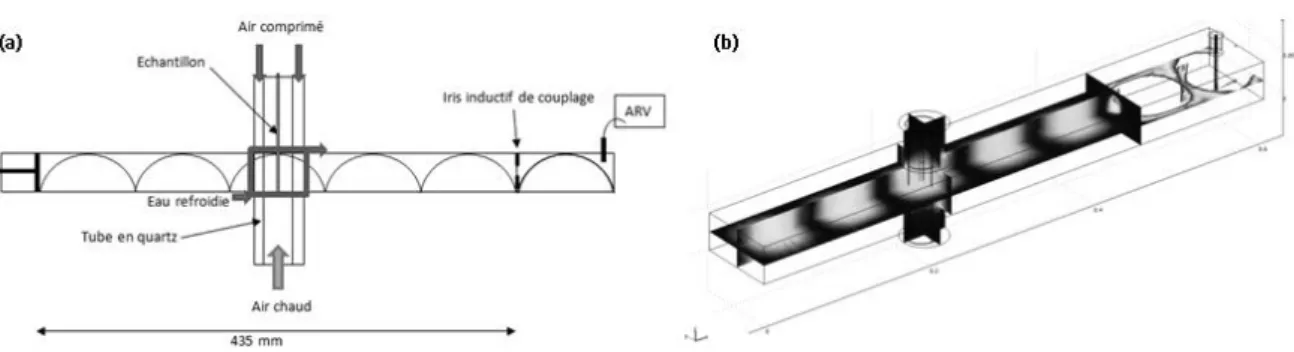 Figure II-15 (a) représentation schématique de l’installation de mesure, (b) modélisation de la propagation  du champ électrique dans la cavité  