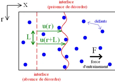 Figure 1.12  Représentation schématique d'une interface (en ligne rouge continue) dans un milieu désordonné (impuretés en bleu) soumise à une force d'entraînement