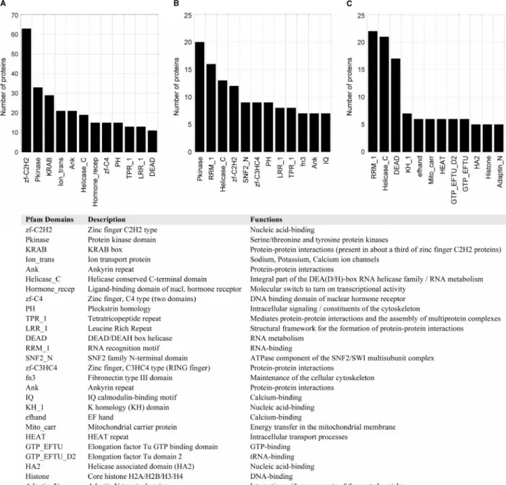 Figure 8. Distribution of protein domains and families in computationally predicted and experimentally validated pADPr binding proteins