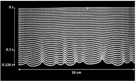 Fig. 2 Flame front at successive moments, close to the top of the Hele Shaw cell, showing the linear development of the hydrodynamic instability, free propagation, propane-air mixture φ = 0.81.