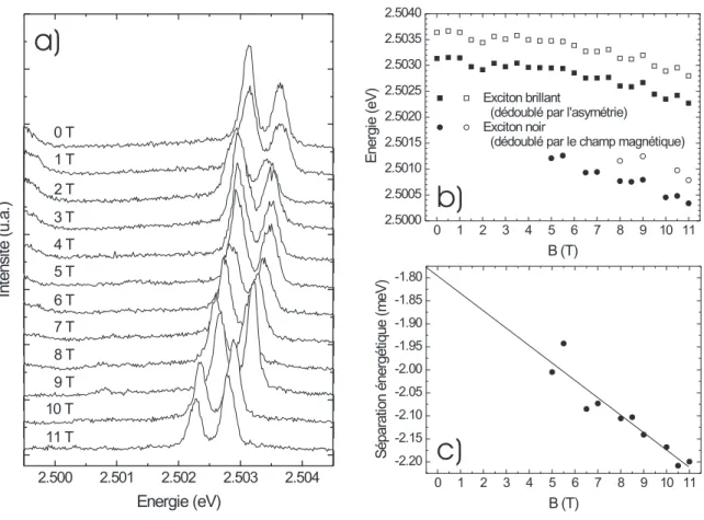Fig. 3.9 – (a) Spectre d’une BQ CdSe/ZnSe en fonction du champ magn´etique en confi- confi-guration de Voigt sur un ´echantillon process´e en m´esas (excitation ` a 458 nm)