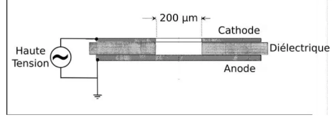 Figure 2.2.3 – Vue en coupe d’un dispositif de micro décharge à cathode creuse . D’après [8].