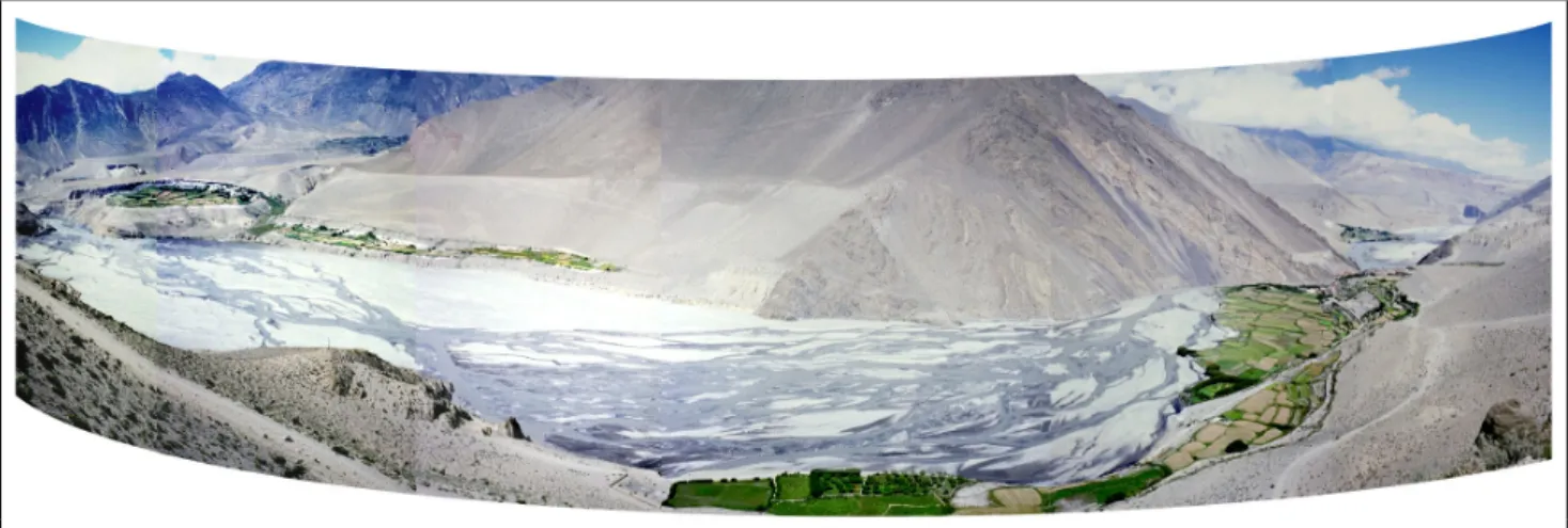 Figure 15: Rivière alluviale de type anastomosée. Panorama de la Kali-Gandaki au niveau de Kagbeni (Népal), le sens  d’écoulement est vers la gauche de la photo