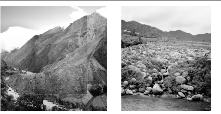 Figure 20 : Gauche : Glissement de terrain le long de la Kali Gandaki, près de Tatopani (Népal)