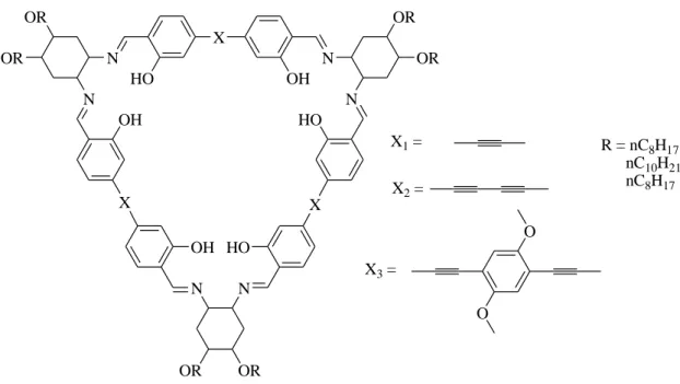 Fig. 40: Macrocycles [3+3] de large cavité obtenus à partir de disalicylaldéhydes pontés par des  longues chaînes.