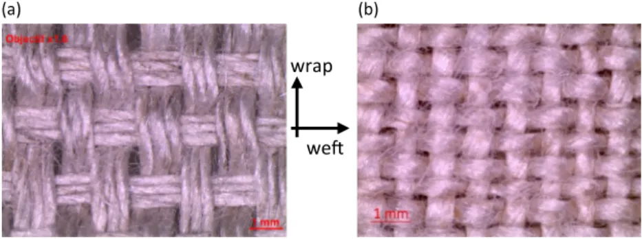 Fig. 1. Hemp fabrics used in the woven composites (a) Oleron, (b) Brison. (For interpretation of the references to colour in this figure legend, the reader is referred to the web version of this article.)