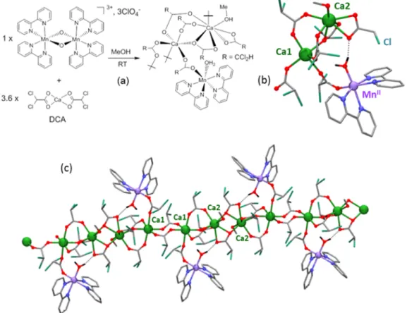 Figure 5: (a) Synthetic procedure for the 1D [Mn II (bipy) 2 Ca 2 (DCA) 6 (H 2 O)(CH 3 OH)] n  polymer isolated by  Benniston, Bartolomé and co-workers [131], X-ray crystal structures of (b) the basic asymmetric unit  and  (c)  partial  crystal  packing  s