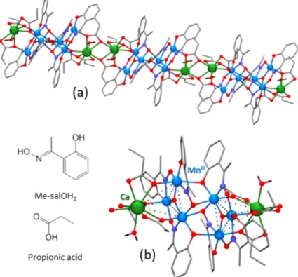 Figure  7:  (a)  X-ray  structure  of  the  1D  {[Mn III 6 Ca 2 O 2 (Me-saO) 6 (prop) 6 (H 2 O) 2 ]} n   polymer  isolated  by  Milios and coworkers [137] and (b) [CaMn 6 Ca] fragment showing the Mn 3 Ca tetrahedron subunit (---)  with the corresponding an
