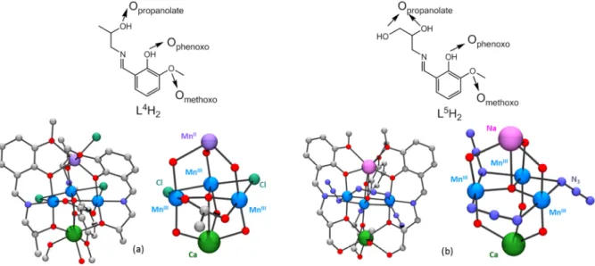 Figure 11:  X-ray structures of the Mn 4 Ca (a) and Mn 3 CaNa (b) complexes isolated by Powell and co- co-workers  [164,  167]  and  their  corresponding  [CaMn III 3 Mn II (µ 4 -O)Cl 2 (O 2 CMe)] 8+   and  [CaMn III 3 Na(µ 4  -O)(N 3 ) 3 ] 7+   cores  and
