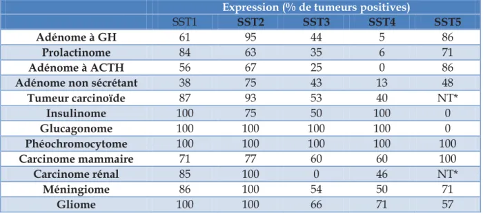 Tableau 3 : expression des récepteurs de la somatostatine d’après Patel et al. [Patel et  al