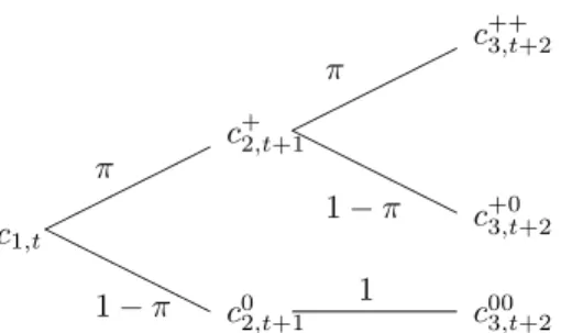 Figure 3: Consumption pro…le when the bubble has a probability to crash 1 where variables without the zero as a superscript correspond to choice variables decided when there is a bubble and resulting prices