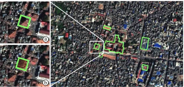 Figure 6. Nepal earthquake, 2015. Compositing vector objects to quickly identify buildings of interest and make a preliminary damage assessment