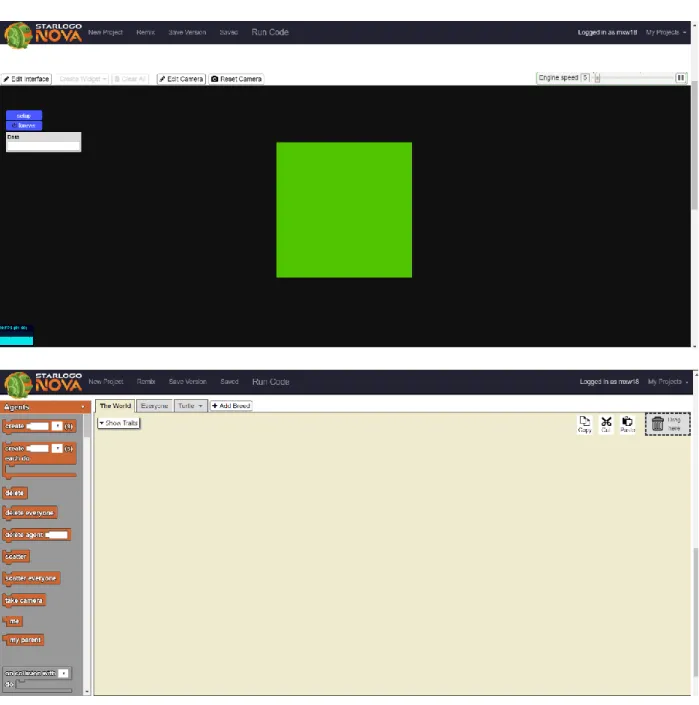 Figure 1: Top: StarLogo Nova viewport. Bottom: StarLogo Nova workspace. 