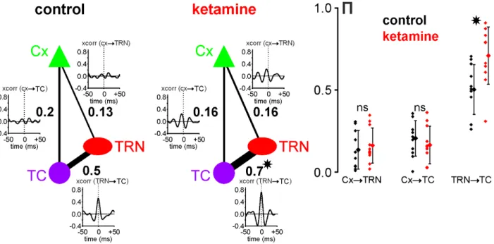 Figure 6: Ketamine strengthens the functional gamma TRN-TC  connectivity.  Direct interaction strength between two  different sites is given by a partial correlation coefficient written (bold font) next to the edge connecting these sites