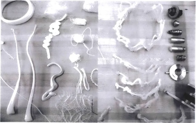 Figure  3-7:  (L.)  Tubular  and triangular  cross-section  extrusions.  (R.)  Custom  extru- extru-sion  tips  &amp; freeform  tests.